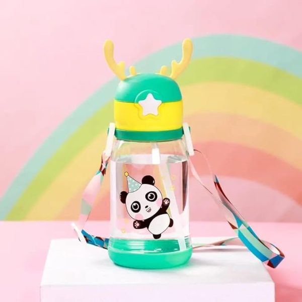 Plastic Sipper Anti Leak Kids Cartoon Water Bottle With Straw And Shoulder Strap, (400 ml),Yellow Green - Image 2