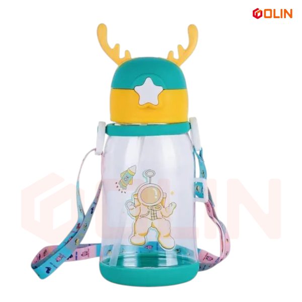 Plastic Sipper Anti Leak Kids Cartoon Water Bottle With Straw And Shoulder Strap, (400 ml),Yellow Green
