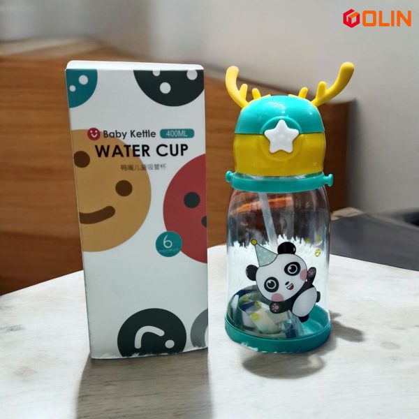 Plastic Sipper Anti Leak Kids Cartoon Water Bottle With Straw And Shoulder Strap, (400 ml),Yellow Green - Image 3